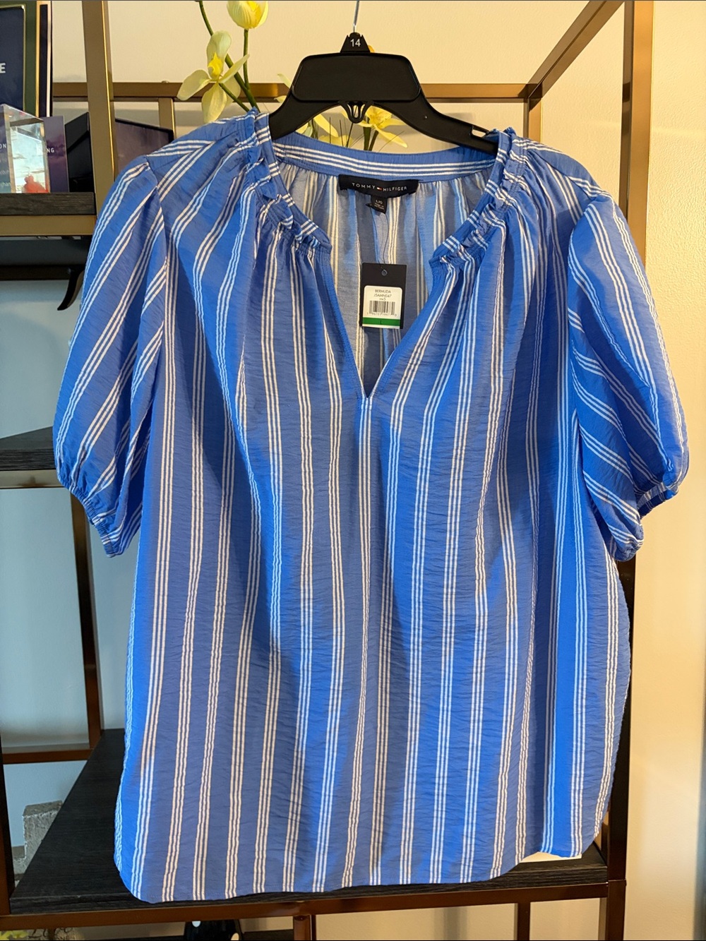 Tommy Hilfiger Royal Blue & White Striped Peasant Top